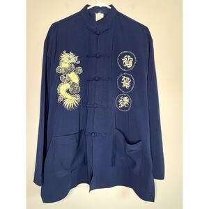 1970s Kevin T Navy Gold Metallic Asian Oriental Chinese Dragon Robe Jacket L